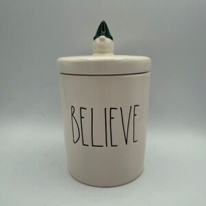 Rae Dunn "Believe" Artisan Collection Canister‎ Jar Green Festive Gnome Ceramic